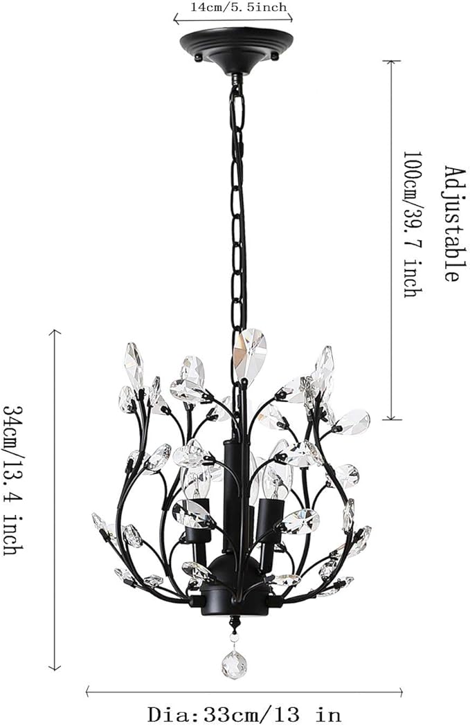 Garwarm Vintage K9 Clear Crystal Chandeliers Ceiling Lights, 3 Lights Crystal Pendant Lighting, Ceiling Light Fixtures for Living Room Bedroom Restaurant Porch (Black)
