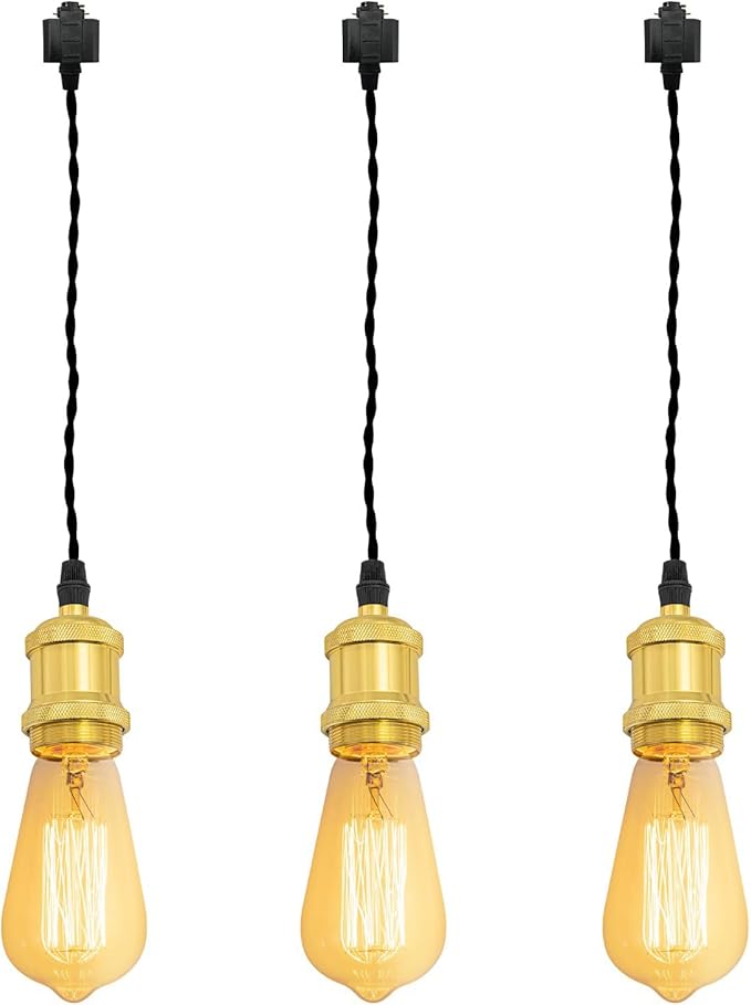 Kiven H-Type Wire Track LightPendants,Cord Length Customization Provided, 3 Lights Restaurant Decorative Pendant Light Industrial Pendant Lamp, Bulb Not Included,Bright Gold Finish