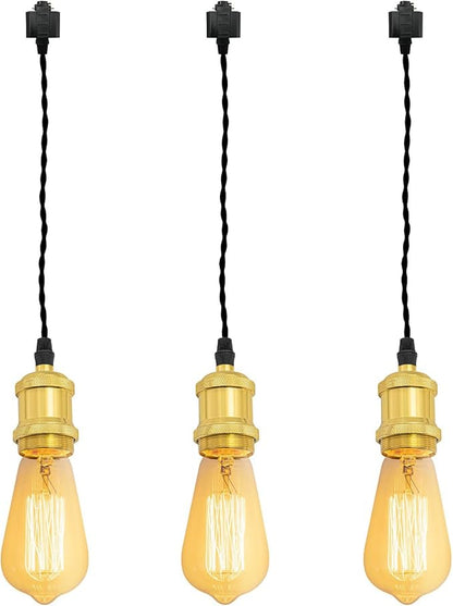 Kiven H-Type Wire Track LightPendants, 23.6 Inch Cord Length Black Weave Rope, Restaurant DecorativePendant Light Industrial Pendant Lamp 3 Pack,Bulb Not Included（Bright Gold）