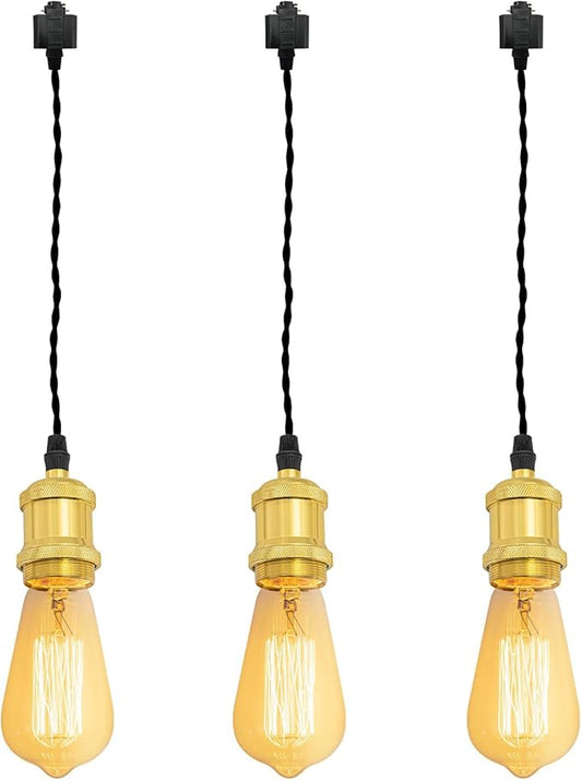 Kiven H-Type Wire Track LightPendants, 11.8 Inch Cord Length Black Weave Rope, Restaurant DecorativePendant Light Industrial Pendant Lamp 3 Pack,Bulb Not Included（Bright Gold）