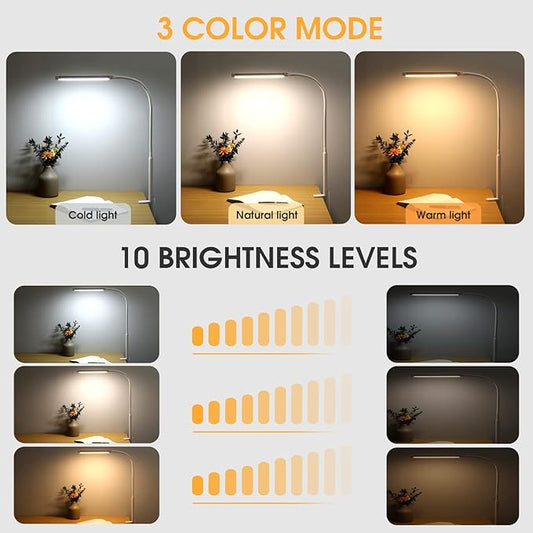 Voncerus LED Desk Lamp with Clamp, Eye-Caring Clip on Lights for Home Office, 3 Modes 10 Brightness, Long Flexible Goose-Neck, Metal, Swing Arm Architect Task Table Lamps with USB Adapter, White