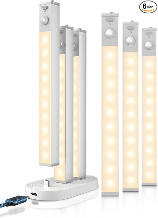 GOODEA 6 Pack Led Under Cabinet Lights Wireless with Charging Station, 7’’ Rechargeable Motion Sensor Light Indoor, Dimmable Closet Lights for Cabinets, Bookshelf, Stair, Hallway Warm White
