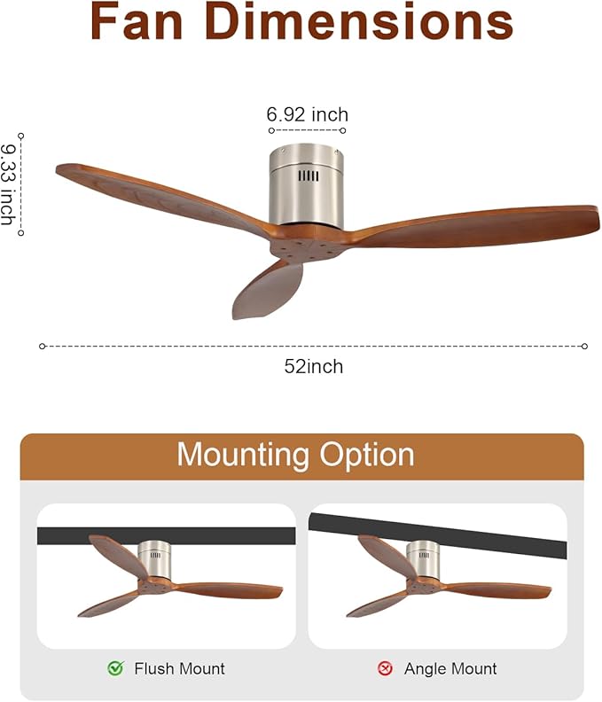 Sofucor 52 Inch Smart Ceiling Fan Without Light Flush Mount Solid Wood Ceiling Fan with Alexa/Google/APP/Remote Control-Modern Outdoor Ceiling Fans No Light for Bedroom/Patio/Indoor, Silver & Brown