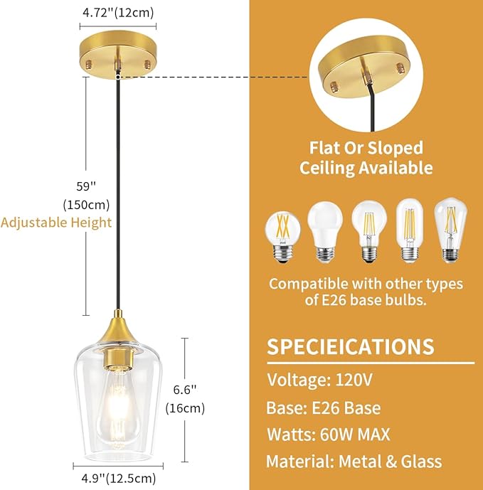 2-Pack Brushed Gold Pendant Lights Kitchen Island, Modern Glass Pendant Lighting Over Island Kitchen Hanging Light Fixtures Hallway Pendant Lights for Bathroom Dining Room Entryway Foyer Bedroom