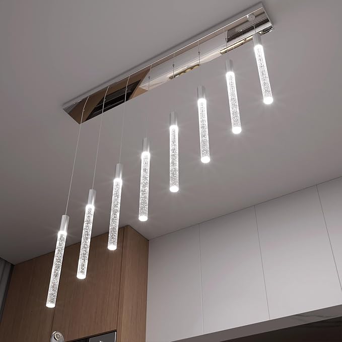 8-Light Silver Rectangular LED Chandelier, Bubble Crystal Column Chandeliers, Modern Dimmable Adjustable Height Hanging Light for Kitchen Island, Over Dining Room Table