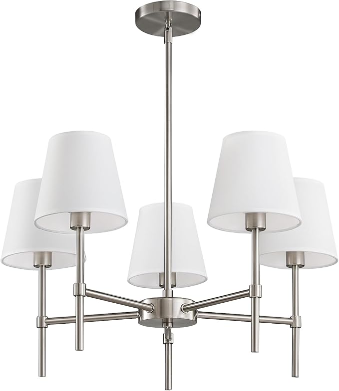 RUIYEY Dining Room Chandeliers Light - 5-Light Brushed Nickel Modern Chandeliers Light Fixtures with White Fabric Shade, Height Adjustable Pendant Island Lights for Entryway Farmhouse