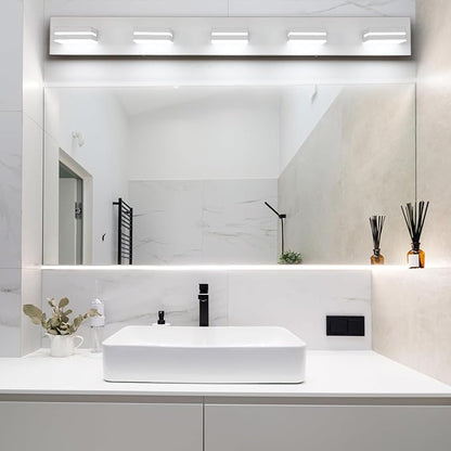 SineRise LED Modern Bathroom Vanity Light Fixtures (5-Light, 40-Inch, Dimmable), Matte White Modern Acrylic Bathroom Wall Lighting Fixtures Over Mirror (Cool White 6000K)