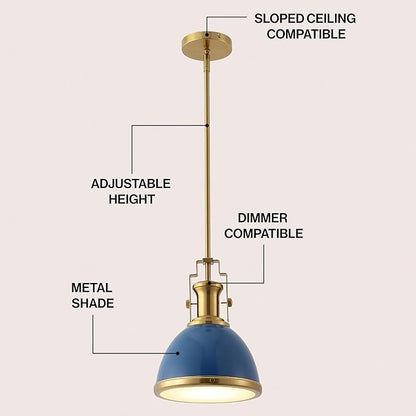 JONATHAN Y JYL9535G 10" Modern Industrial Dome Pendant Light, Farmhouse Hanging Light Fixture in Navy and Brass Gold, Adjustable Height Metal Lighting for Kitchen Island, Dining Room, Entryway