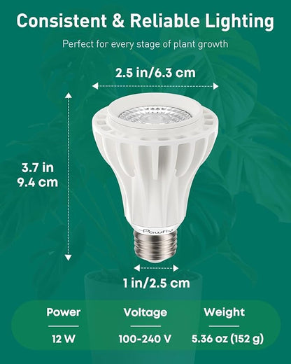 Pawfly Grow Lights for Indoor Plants, 12W PAR20 LED Grow Light Bulb (150W Eqv), Ultra-High PPFD 466 μmol/m²/s at 1ft, 6000K Full Spectrum COB Plant Light for Seedling & Hydroponic Gardening