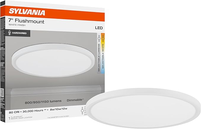 Sylvania 7" Dual Selectable Slim Ceiling Light Fixture, 8W/10W/12W, 800/950/1150 LMS, 5 Color Selectable (2700/3000 / 3500/4000 / 5000K), Dimmable, White Finish - 1 Pack (67279)