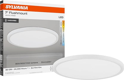 Sylvania 7" Dual Selectable Slim Ceiling Light Fixture, 8W/10W/12W, 800/950/1150 LMS, 5 Color Selectable (2700/3000 / 3500/4000 / 5000K), Dimmable, White Finish - 1 Pack (67279)