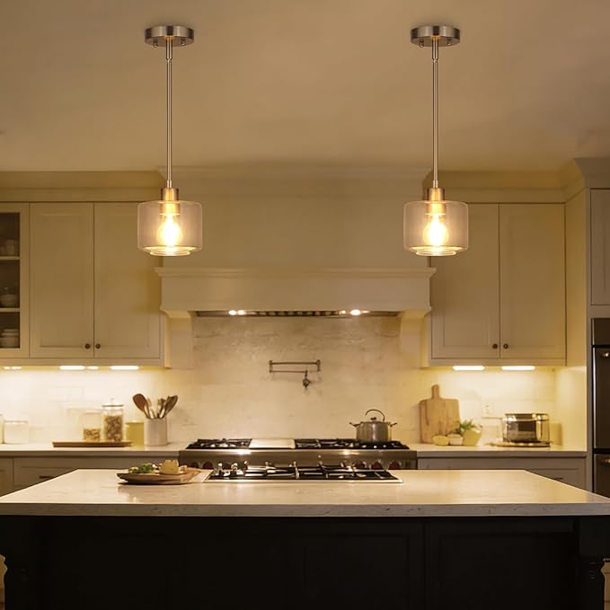 Brushed Nickel Pendant Lights Kitchen Island, 1-Light Modern Clear Glass Hanging Light Fixtures with Rods, Mini Kitchen Pendant Lighting Over Island for Sink Bathroom, OS-YQ8153-1PBNC