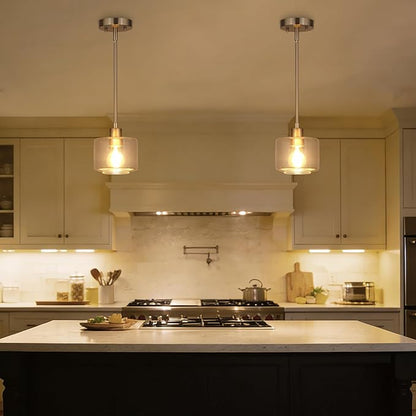 Brushed Nickel Pendant Lights Kitchen Island, 1-Light Modern Clear Glass Hanging Light Fixtures with Rods, Mini Kitchen Pendant Lighting Over Island for Sink Bathroom, OS-YQ8153-1PBNC