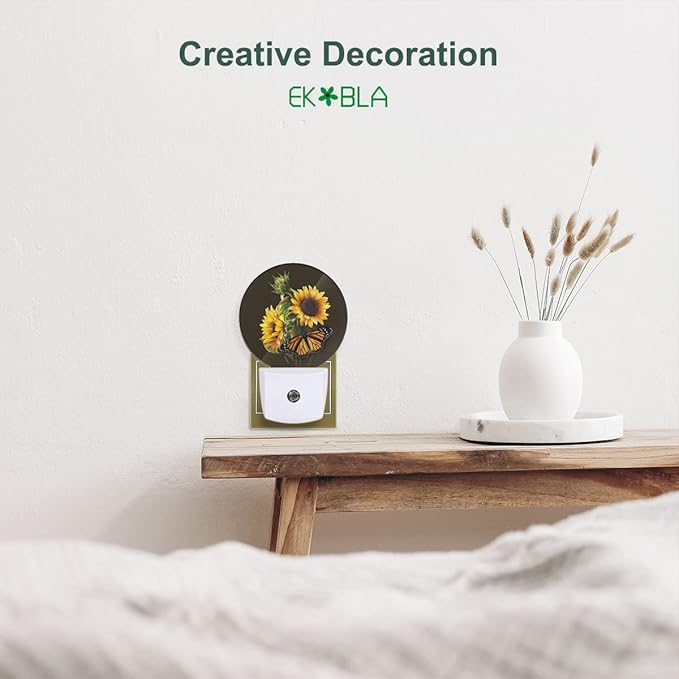 EKOBLA Sunflower & Butterfly Plug-in Night Light, Floral LED Nightlight for Kids & Home Wall Decor