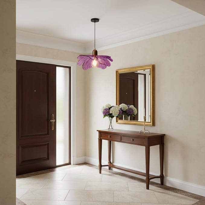 Floral Purple Glass Pendant Light, Mid-Century Modern Wood & Glass Hanging Lamp, Adjustable 59" Cord Flower Ceiling Light Fixture for Bedroom Dining Room Kitchen Island