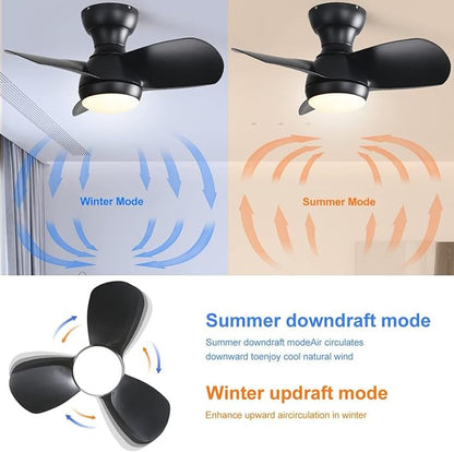 KEIKI 23 Inch Ceiling Fans with Lights & Remote Indoor, Outdoor Modern Ceiling Fan, Small Noiseless Fan w/Dimmable & Timer for Bedroom & Kitchen, 3 ABS Blades & 6 Speed Reversible DC Motor, Black