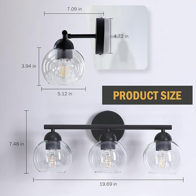 3 Light Bathroom Vanity Light, Black Vanity Light with Globe Glass Shades, Farmhouse Bathroom Light Fixtures Over Mirror, Modern Wall Lights for Bedroom Hallway, E26 Socket