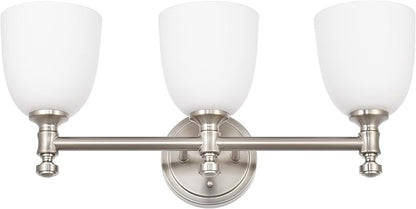 Bathroom Vanity Light, 3-Light Bathroom Light Fixtures Over Mirror, Traditional Vanity Lights for Living Room, Milk White Bell Glass Shades, Standard E26 Base, Brushed Nickel