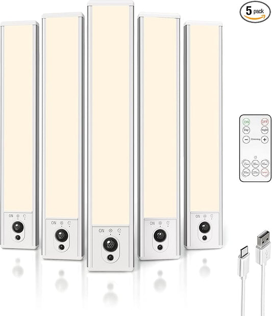 EZVALO 5-Pack Under Cabinet Lighting, 2400mAh Motion Sensor Light, LED Closet Lights Wireless, 3000K Dimmable, Timer, Magnetic, with Remote Control for Kitchen, Closet, Stair