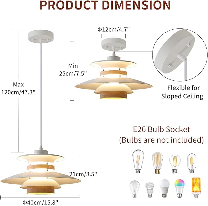 EFINEHOME Modern Decor Adjustable Pendant Lamp Kitchen Island, Aluminum and Wood Finish,1-Light E26 Base Ceiling Hanging Light for Dining Room Shop Restaurant (White+Light Wood Grain, 40cm)