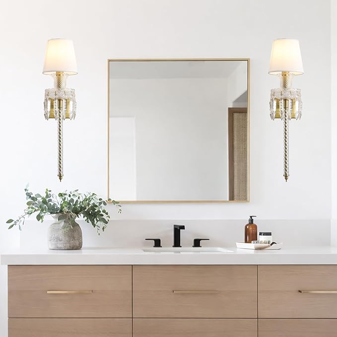 Modern Crystal Wall Sconce with Linen Shade Vintage Crystal Gold Wall Light Modern Glass Golden Wall Lamp for Bedroom, Hallway, Living Room, Mirror