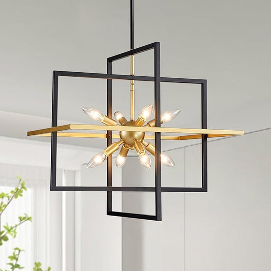 XINGQI 22" Rustic Geometric Pendant Lighting 8-Light Black and Gold Farmhouse Chandelier Ceiling Light Fixtures for Dining Room Living Room Kitchen Island Bedroom Hallway