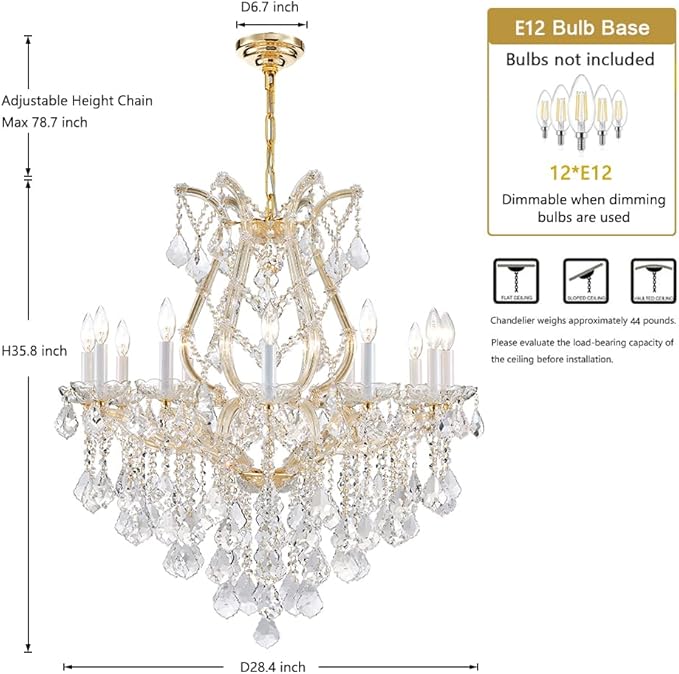 Large Gold Modern Crystal Chandelier Light Fixtures - 12 Maria Theresa Crystal Lights Pendant Light Foyer Chandelier Fixtures for Staircase Hallway Living Room Entryway