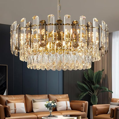 Gold Crystal Chandelier 23.6" Modern Crystal Pendant Light 3-Tier12-Light Ceiling Pendant Light Fixture for Dinning Room Living Room Foyer