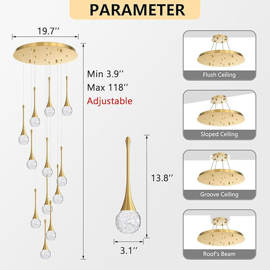 118 inches Modern Glam Crystal Chandelier for High Ceiling LED Dimmable Ceiling Pendant Light Staircase Foyer Enterway Living Room Chandelier Lighting Antique Gold 12 Lights