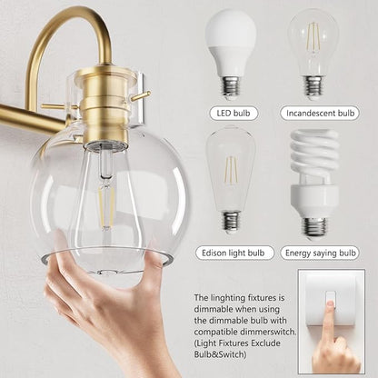 2-Light Gold Bathroom Light Fixture, Modern Bathroom Vanity Light Over Mirror Two Light Brushed Gold Vanity Lights for Wall Sconce Lighting, E26 Base,Gold