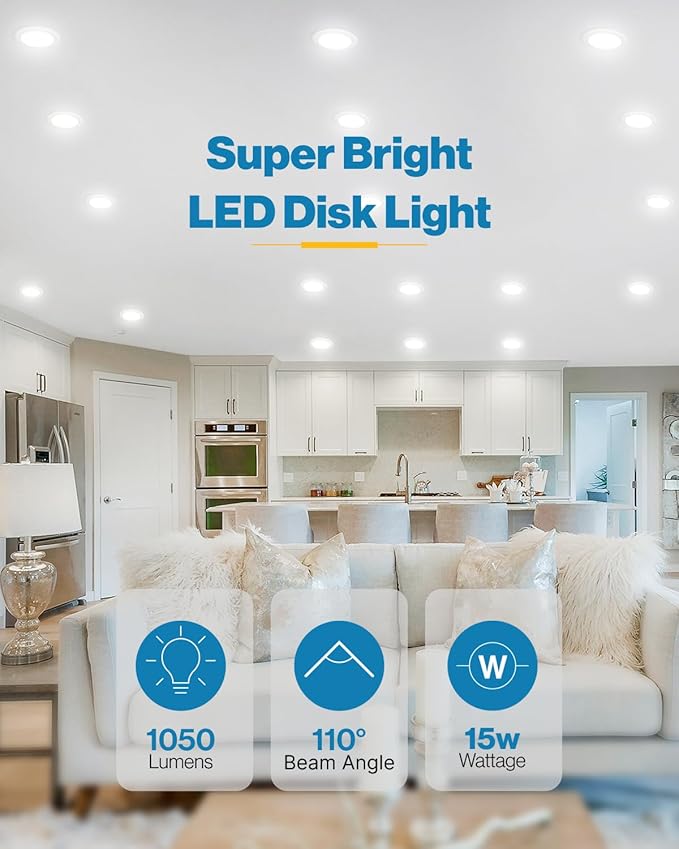 Sunco 12 Pack 5/6 Inch LED Disk Lights, Disc Lights Ceiling, LED Flush Mount Recessed Can Lighting, 1050 LM, 2700K Soft White, Dimmable, 15W=75W, Damp Rated ETL
