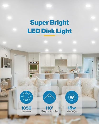 Sunco 12 Pack 5/6 Inch LED Disk Lights, Disc Lights Ceiling, LED Flush Mount Recessed Can Lighting, 1050 LM, 5000K Daylight, Dimmable, 15W=75W, Damp Rated ETL