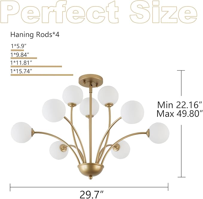 29.7” Modern Gold Chandelier 9-Lights Modern Vintage Golden Chandelier Light Fixture Rustic Farmhouse Glass Chandeliers for Dining Room, Kitchen Island, Bedroom, Living Room, Foyer, G9