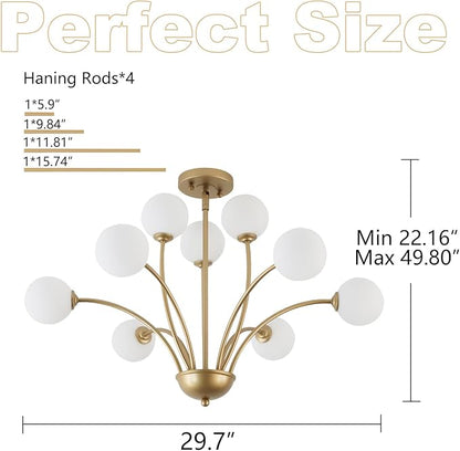 29.7” Modern Gold Chandelier 9-Lights Modern Vintage Golden Chandelier Light Fixture Rustic Farmhouse Glass Chandeliers for Dining Room, Kitchen Island, Bedroom, Living Room, Foyer, G9