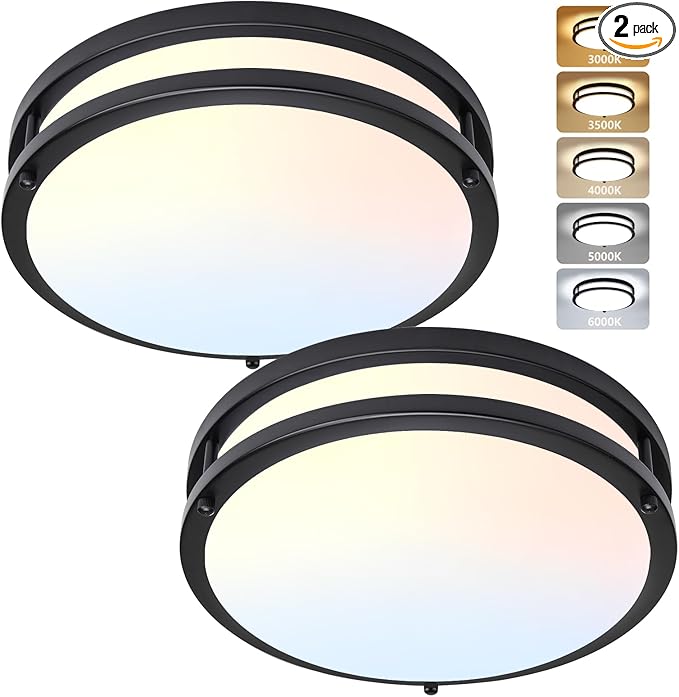 Flush Mount Ceiling Light - 2 Pack 36W 3000K/3500K/4000K/5000K/6000K Dimmable Led Ceiling Light Fixture for Kitchen Hallway Bedroom Bathroom (2, Black, 14 Inch)