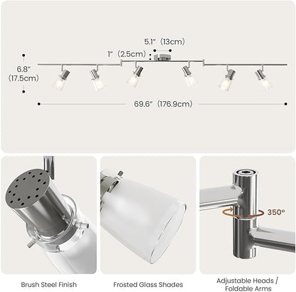 6-Light Decorative Track Lighting Kit, Brushed Steel Finish Flush Mount Ceiling Light Fixture with Frosted Glass Shades, Foldable Z-Bar, E26 Adjustable Heads Provide Directional Light