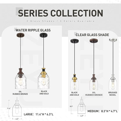 zeyu Pendant Light 2 Pack, Vintage Adjustable Hanging Light for Hallway, Haning Light Fixture Ceiling with Water Ripple Glass Shade, Black and Gold Finish, ZG33M1L-2 BK+BG-WG