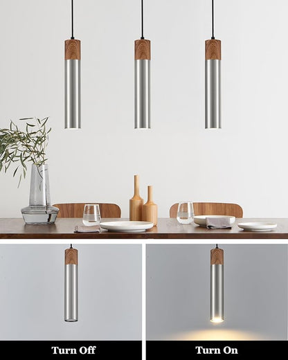 ELYONA 3 Pack Modern LED Pendant Light Fixtures, Brushed Nickel Metal with Wood Grain, 13.8" Mid Century Hanging Pendant Lights with GU10 Bulbs for Kitchen Island Dining Room Bedroom Adjustable Height