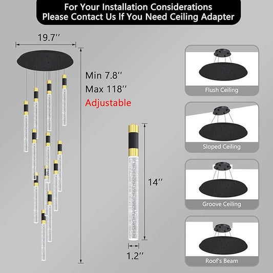 118inch 12-Lights Modern Chandeliers for Living Room LED Dimmbale Light Fixture Entryway High Ceiling Light Pendants Lighting for Dining Room Hallway Staircase with Remote Dimming Chandelier