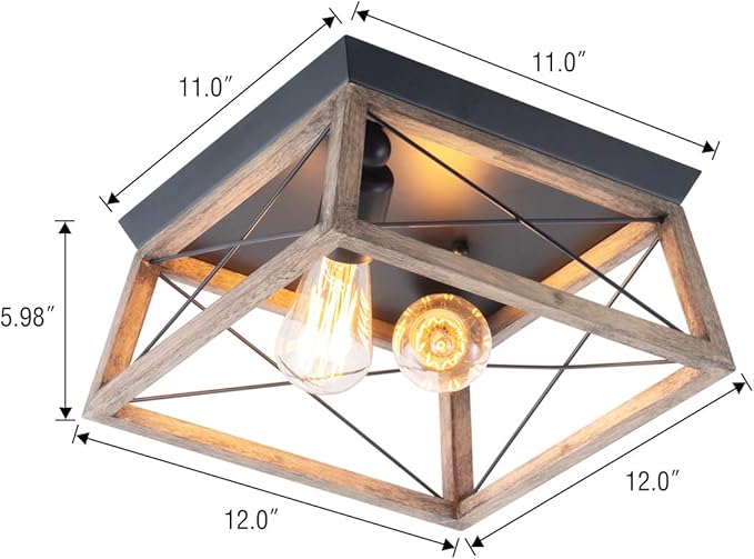 VILUXY Retro Industrial Rectangle Flush Mount Ceiling Light Fixture with Wood Shade for Hallway, Entryway, Passway, Dining Room, Bedroom, Balcony Living Room Two-Light