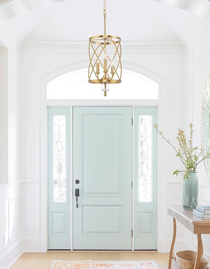 Kira Home Eleanor 27" Modern 3-Light Geometric Gold Lantern Chandelier, Cylinder Trellis Cage Gold Pendant Light with Crystal Finial, Warm Brass Finish