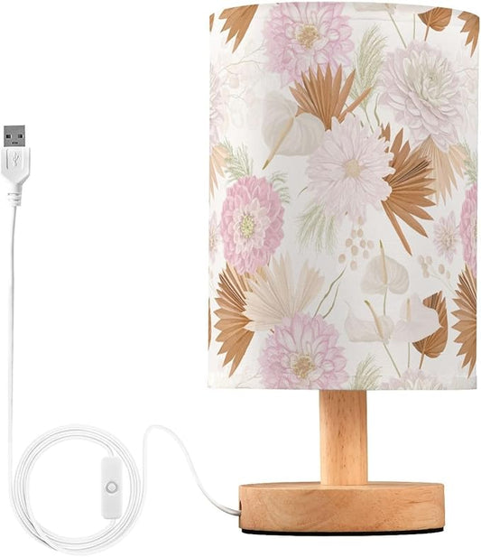 Bedside Table Lamp Dahlia Flowers Nightstand Lamp with Wood Boho Floral Desk Lamps for Bedroom Living Room Nursery Office Home Decor