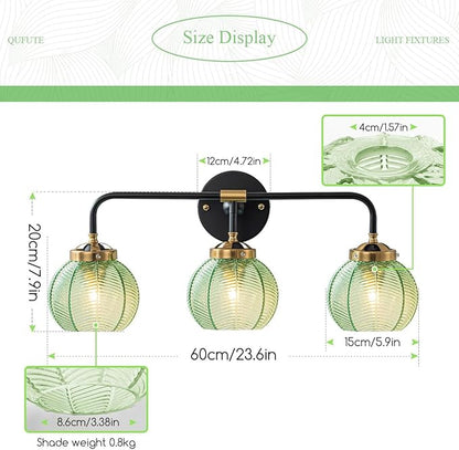 Bathroom Light Fixtures Vanity Wall 3-Light Coastal Vanity Lights Emerald Green Vintage Wall Lamp with Glass Globe Shade Modern Glass Wall Vanity Lighting for Mirror Kitchen Cabinet
