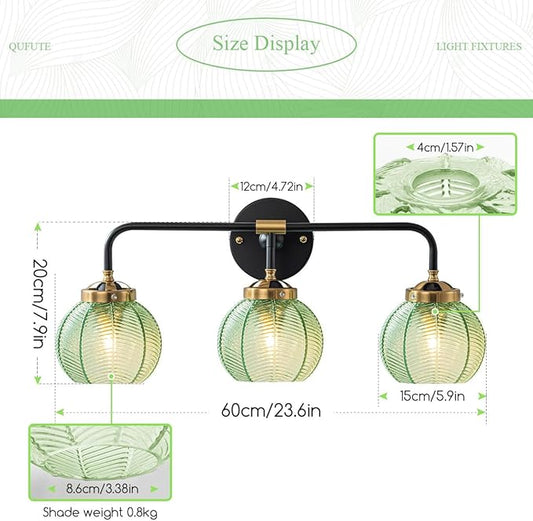 Bathroom Light Fixtures Vanity Wall 3-Light Coastal Vanity Lights Emerald Green Vintage Wall Lamp with Glass Globe Shade Modern Glass Wall Vanity Lighting for Mirror Kitchen Cabinet