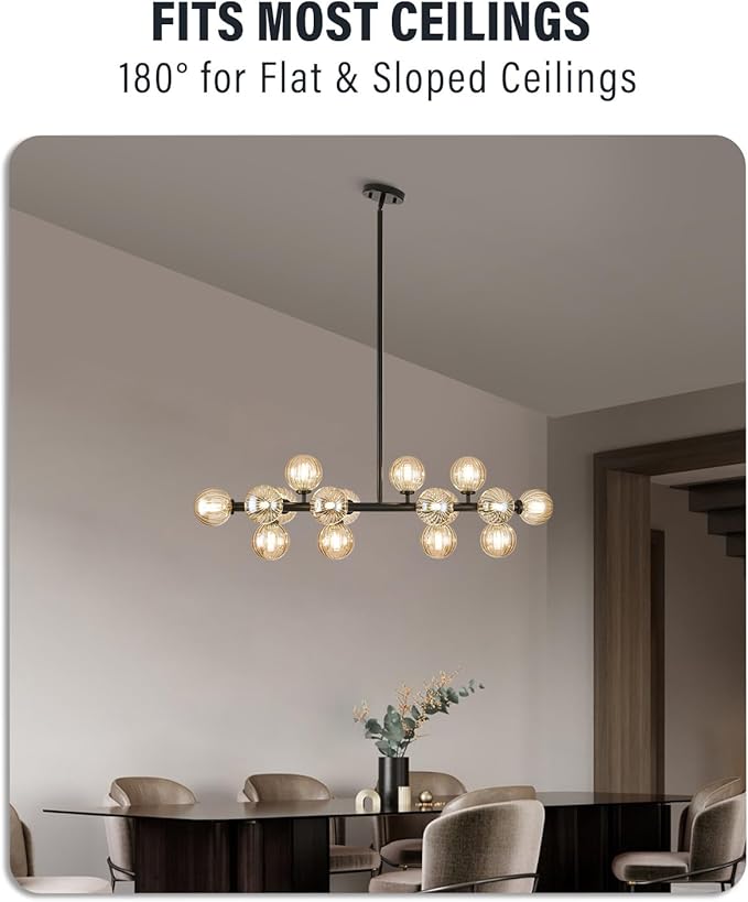 Glass Globe Sputnik Chandelier, 16-Light Mid Century Modern Light Fixture Over Table, Linear Chandeliers for Dining Room, Kitchen Island, Black and Amber Bubble, 40 Inch, GC-02
