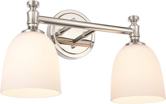 Bathroom Vanity Light, 2-Light Bathroom Light Fixtures Over Mirror, Traditional Vanity Lights for Living Room, Milk White Bell Glass Shades, Standard E26 Base, Polished Nickel