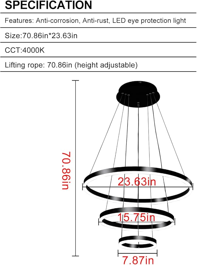 Modern LED Pendant Light, Black Circular Chandelier Fixture, Adjustable Height Circular Entrance Pendant Light, Suitable for Restaurants, Kitchens, Islands, Living Rooms, Cafes, Etc. (4000K)