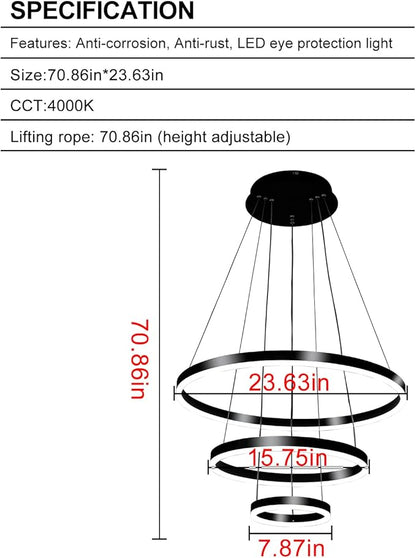 Modern LED Pendant Light, Black Circular Chandelier Fixture, Adjustable Height Circular Entrance Pendant Light, Suitable for Restaurants, Kitchens, Islands, Living Rooms, Cafes, Etc. (4000K)