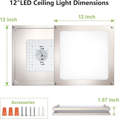 Square Flushmount Ceiling Light - 36W 3000K/3500K/4000K/5000K/6000K Dimmable Bright Led Light for Bathroom Bedroom Kitchen Hallway (2 Pack Brushed Nickel (5CCT), 12 Inch)