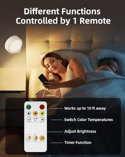 EZVALO LED Wall Mounted Light, 3000mAh Rechargeable Cordless Wall Sconce, Dimmable with Remote & Touch Control, 3 Color Temps, 360° Rotatable for Bedroom, Bedside, Reading(White, 2Pack)